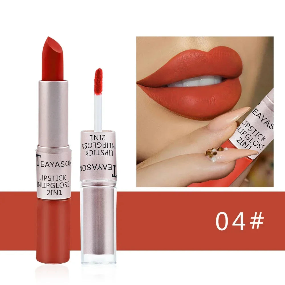 2 In 1 Double Head Lip Gloss Matte Velvet Sexy Red Tint Liquid Lipstick Waterproof Lasting Cosmetic Lip Gloss Makeup Cosmetics
