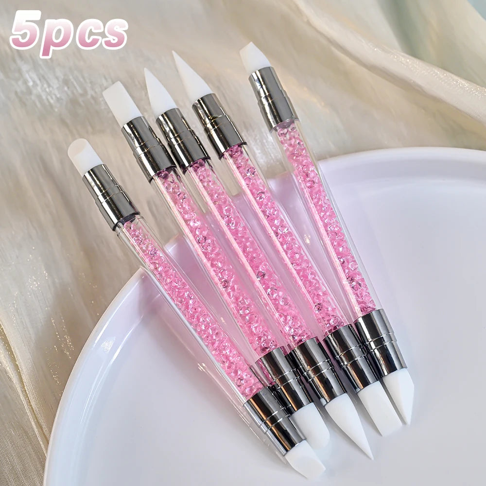 5Pcs/Set Pink Dual Ended Rhinestone Nail Art Silicone Pen Sculpture Pen/3D Flower Carving/Dotting Nail Tool 13cmManicure Brush