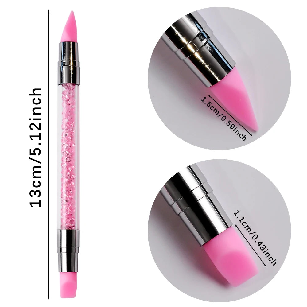 5Pcs/Set Pink Dual Ended Rhinestone Nail Art Silicone Pen Sculpture Pen/3D Flower Carving/Dotting Nail Tool 13cmManicure Brush