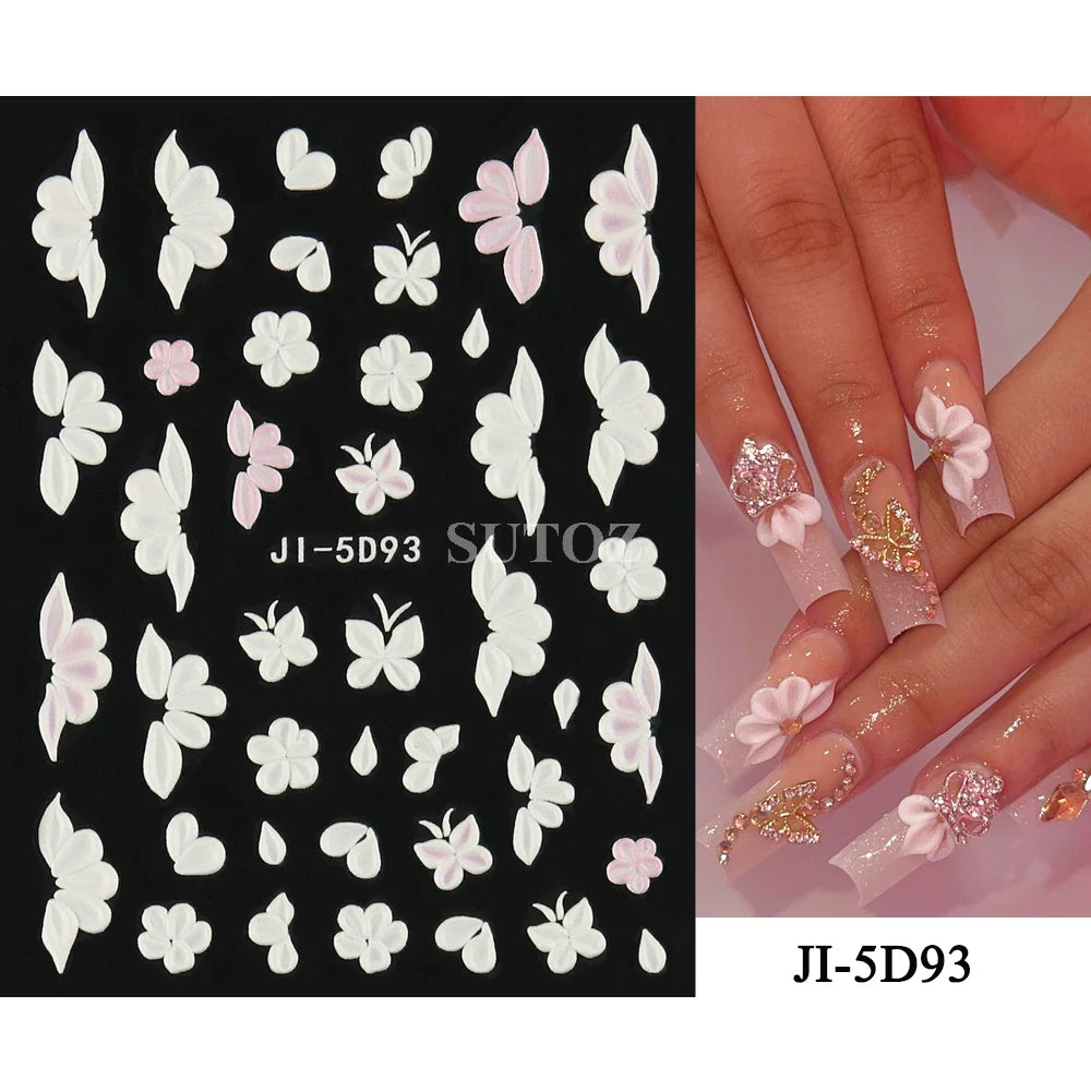Embossed 5D Nail Art Stickers Colorful Elegant Flowers Rose Butterfly Sliders For Nails White Petals Manicure Decals GLJI-5D117