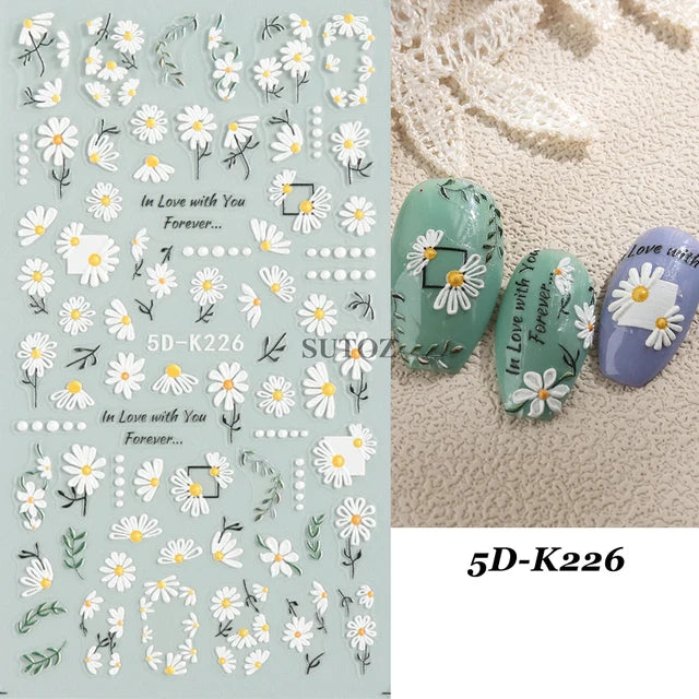 Embossed 5D Nail Art Stickers Colorful Elegant Flowers Rose Butterfly Sliders For Nails White Petals Manicure Decals GLJI-5D117