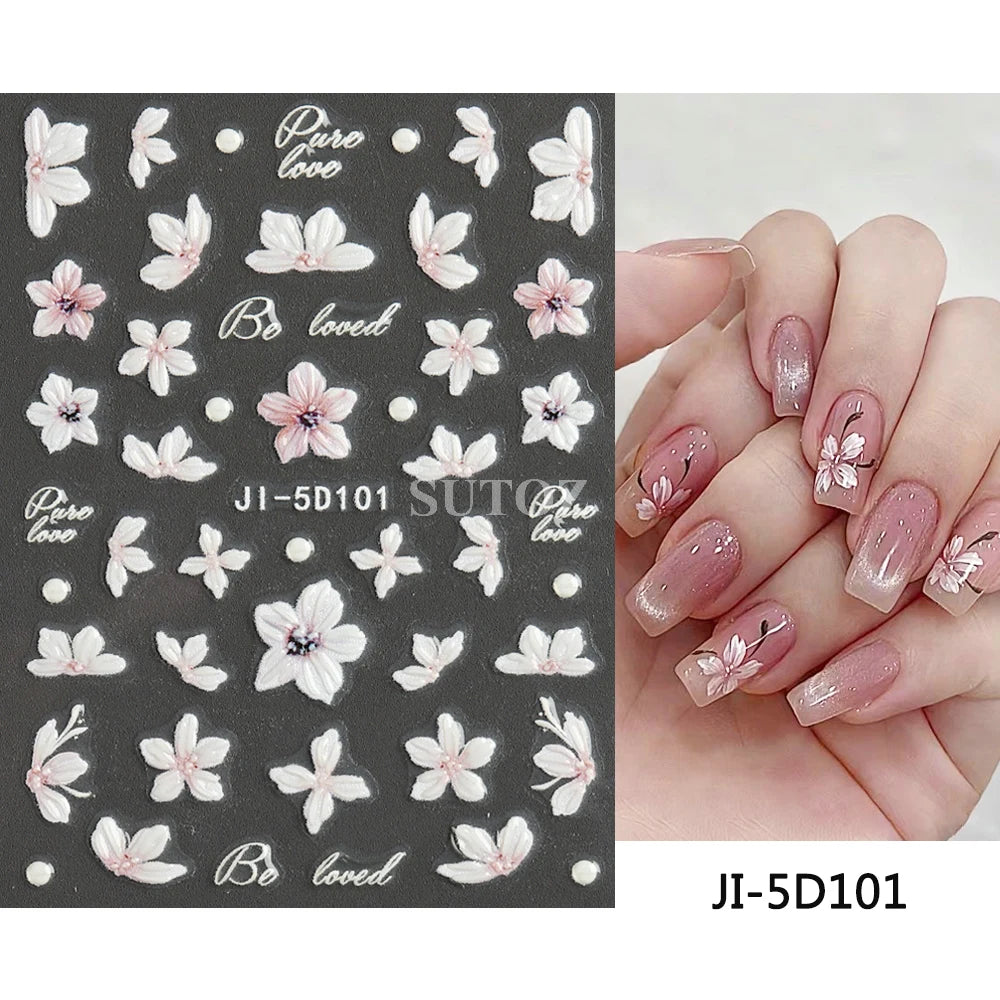 Embossed 5D Nail Art Stickers Colorful Elegant Flowers Rose Butterfly Sliders For Nails White Petals Manicure Decals GLJI-5D117