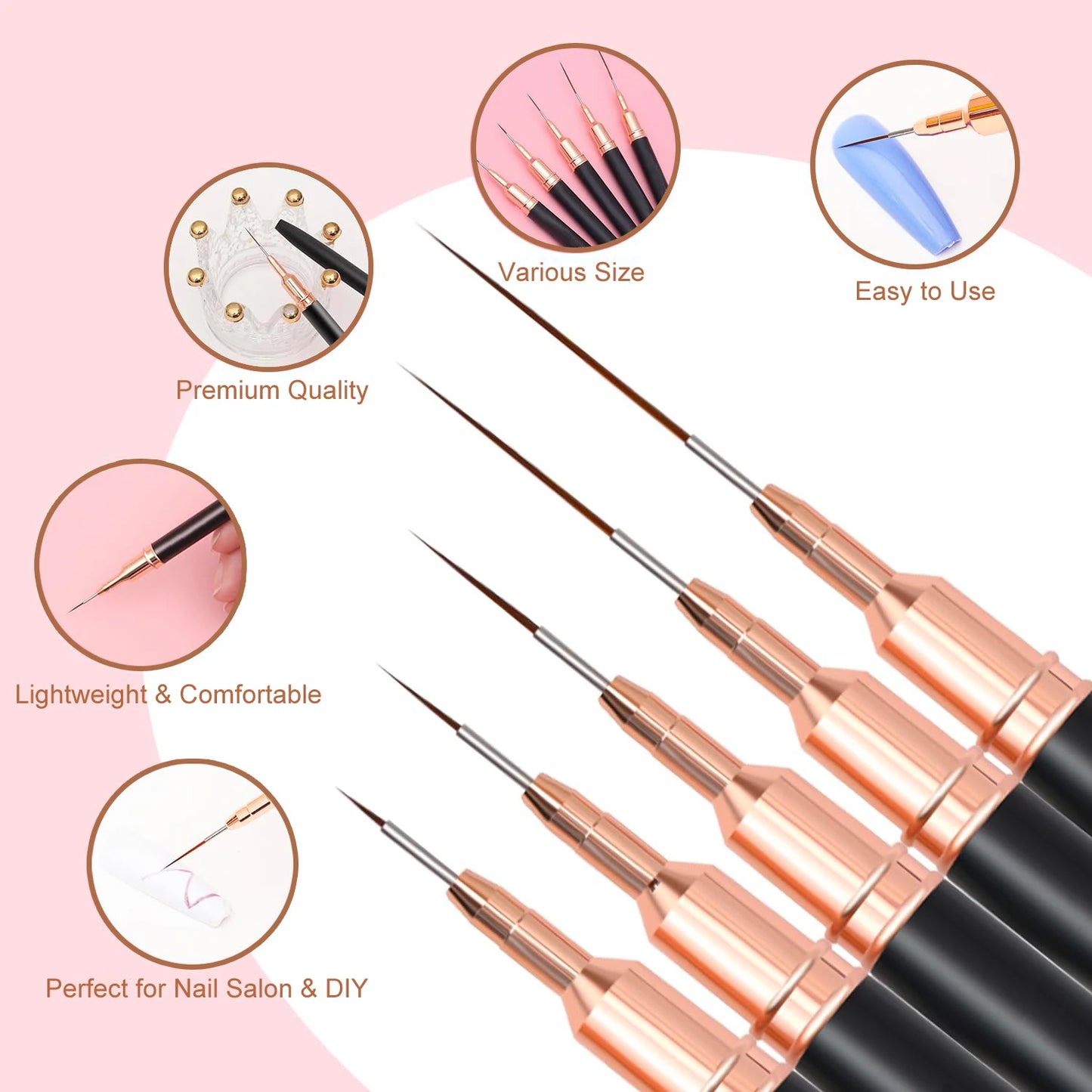5 Pieces Set Professional Nail Art Liner Brush for Striping Painting Design,Gel Liner Nail Art Brushes for Nails