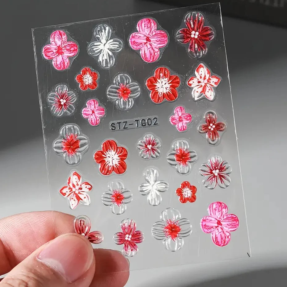 5D Embossed Fairy Orchid Hibiscus Nail Art Stickers Colorful Flowers Transparent Floral Decals Self-Adhesive Charms for Manicure