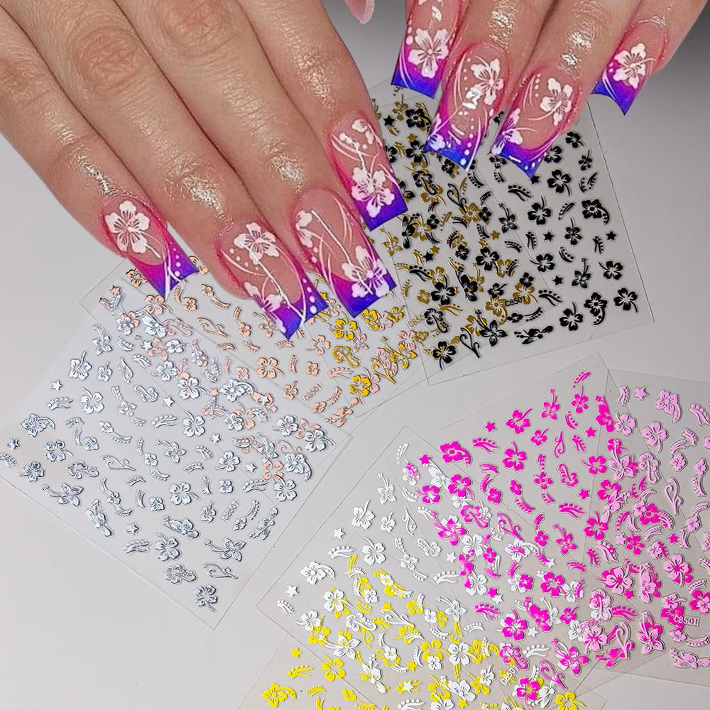 1pc 3D Hibiscus Flowers Nail Sticker White Black Flower Petals Adhesive Decals Pink Golden Floral Slider For Nail Art Decoration