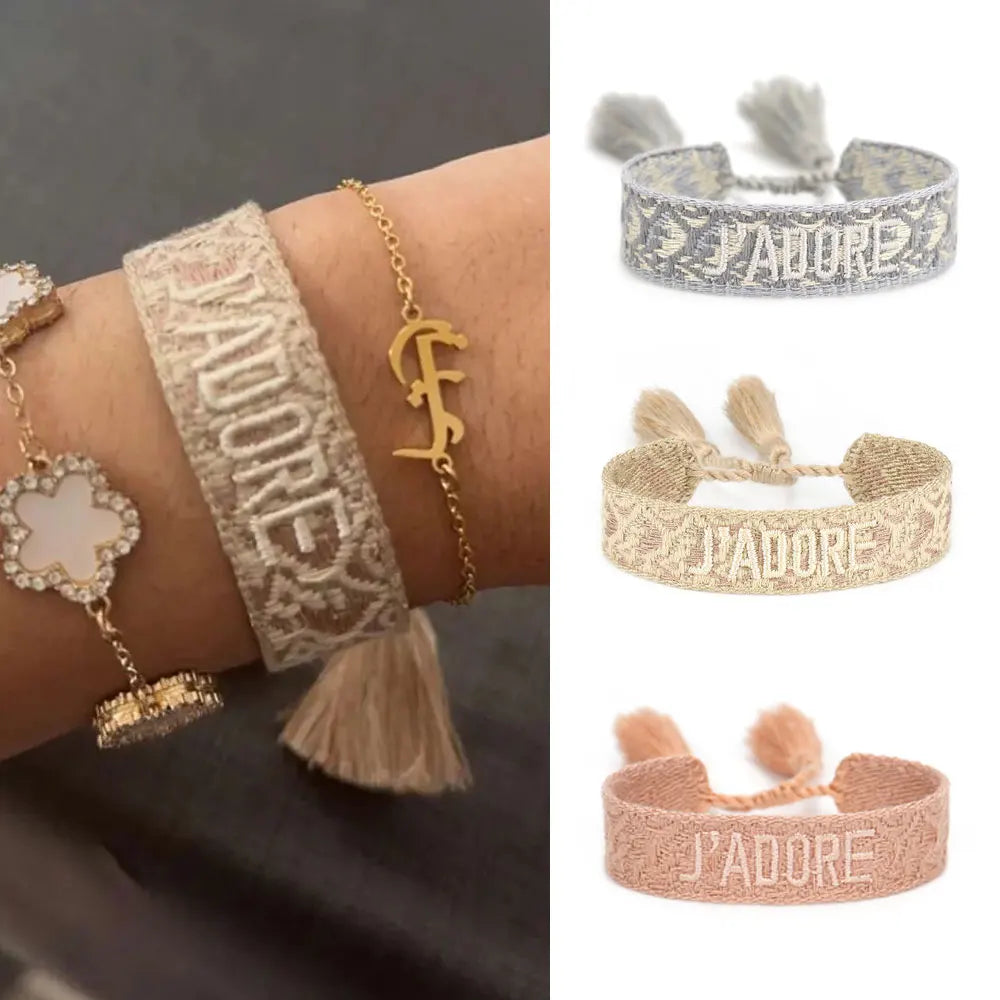 Fashionable JADORE French Charm Bracelet with Bohemian-Inspired Embroidery & Wrist Knitted Embellishments