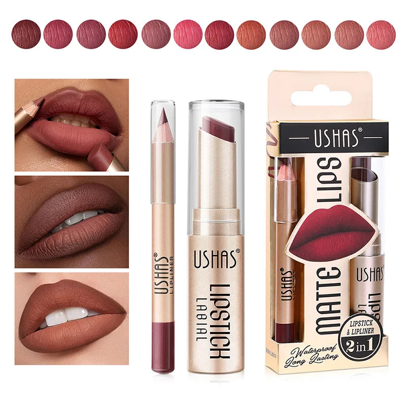Matte Nude Lipstick&lip Liner Set Waterproof Longlasting Lip Liner High Pigmented Slim Lip Sick Lips Makeup