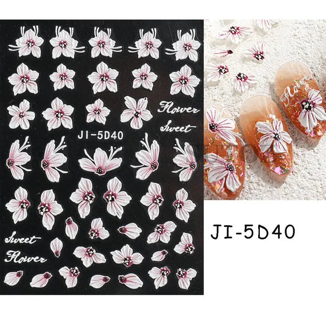 Embossed 5D Nail Art Stickers Colorful Elegant Flowers Rose Butterfly Sliders For Nails White Petals Manicure Decals GLJI-5D117