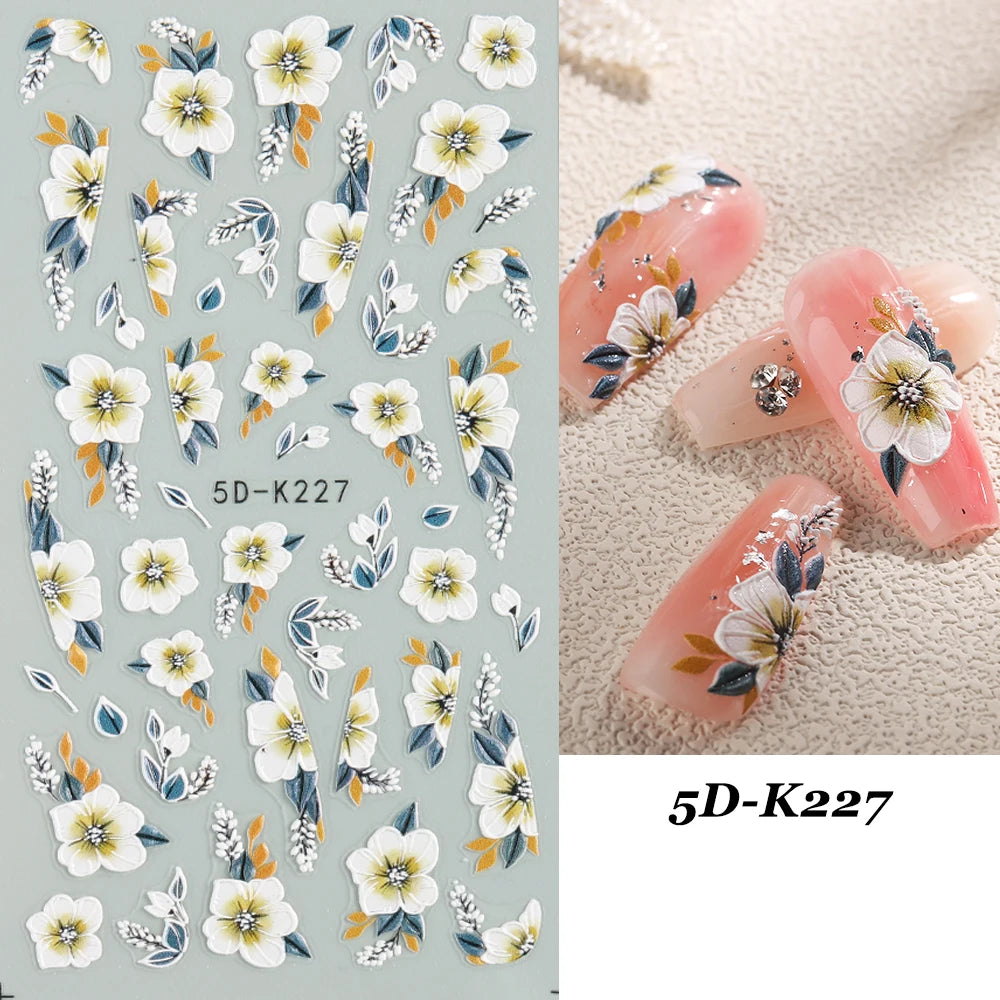 Embossed 5D Nail Art Stickers Colorful Elegant Flowers Rose Butterfly Sliders For Nails White Petals Manicure Decals GLJI-5D117