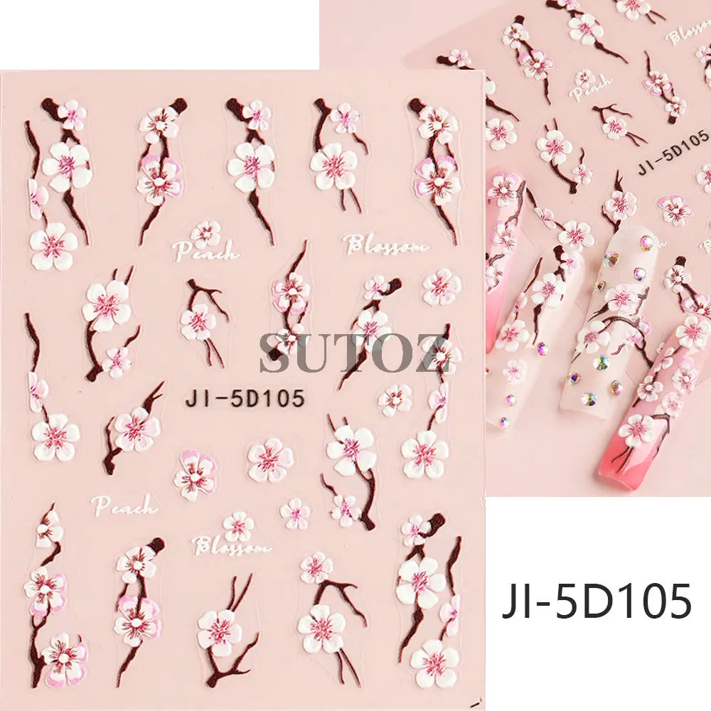 Embossed 5D Nail Art Stickers Colorful Elegant Flowers Rose Butterfly Sliders For Nails White Petals Manicure Decals GLJI-5D117