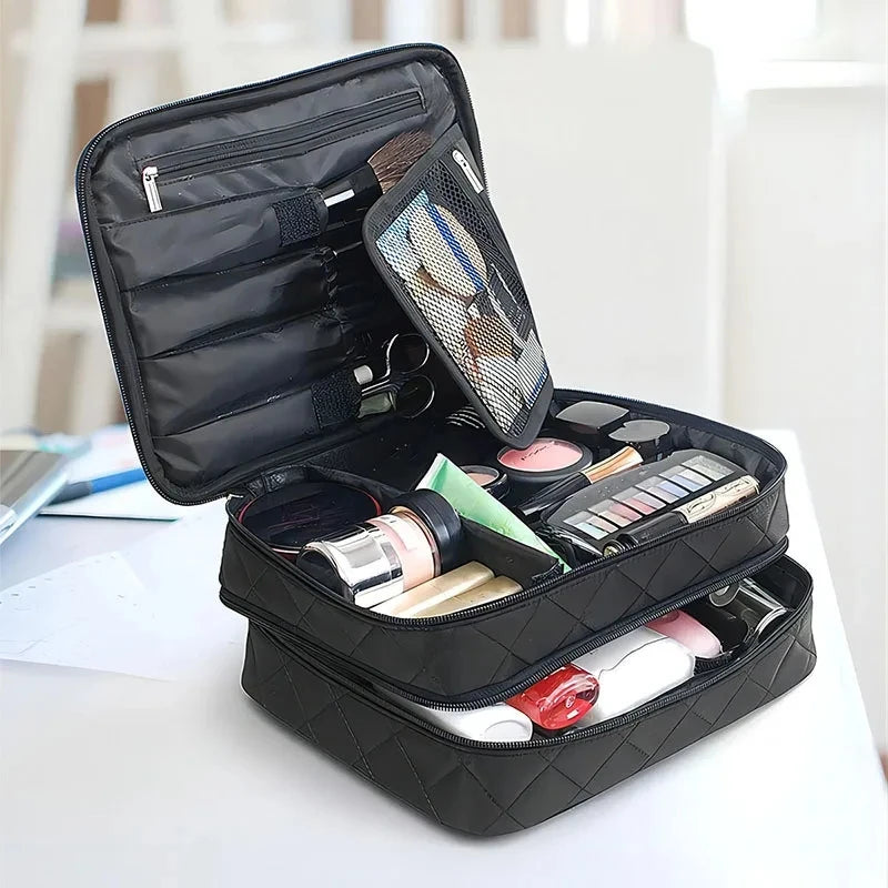 Women Cosmetic Necessaire Case Double Layer Waterproof Makeup Bag Travel Mens Toiletry Bag Rhombus Pattern Beauty Wash Pouch