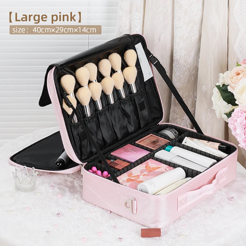Travel Makeup Bag Makeup Train Cases Professional Lipstick Organizer with Shoulder Strap Adjustable Dividers for Cosmetics Makeu