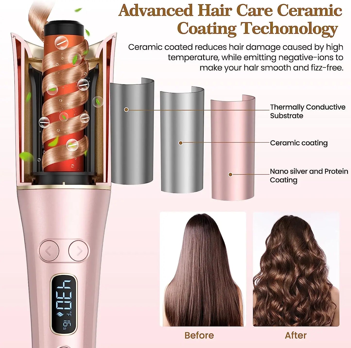 Hair Curler Curling Iron Wand with 4 Temperatures & 3 Timers & LCD Display Curling Iron
