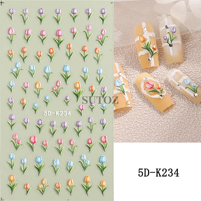 Embossed 5D Nail Art Stickers Colorful Elegant Flowers Rose Butterfly Sliders For Nails White Petals Manicure Decals GLJI-5D117