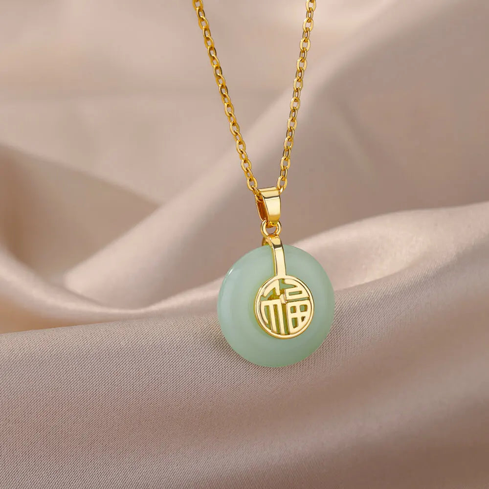Fashion Stone Opal Oval Necklace For Women Stainless Steel Gold Color Green Stone Pendant Necklace Wedding Aesthetic Jewelry Gif