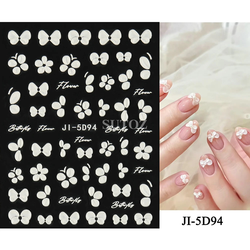 Embossed 5D Nail Art Stickers Colorful Elegant Flowers Rose Butterfly Sliders For Nails White Petals Manicure Decals GLJI-5D117