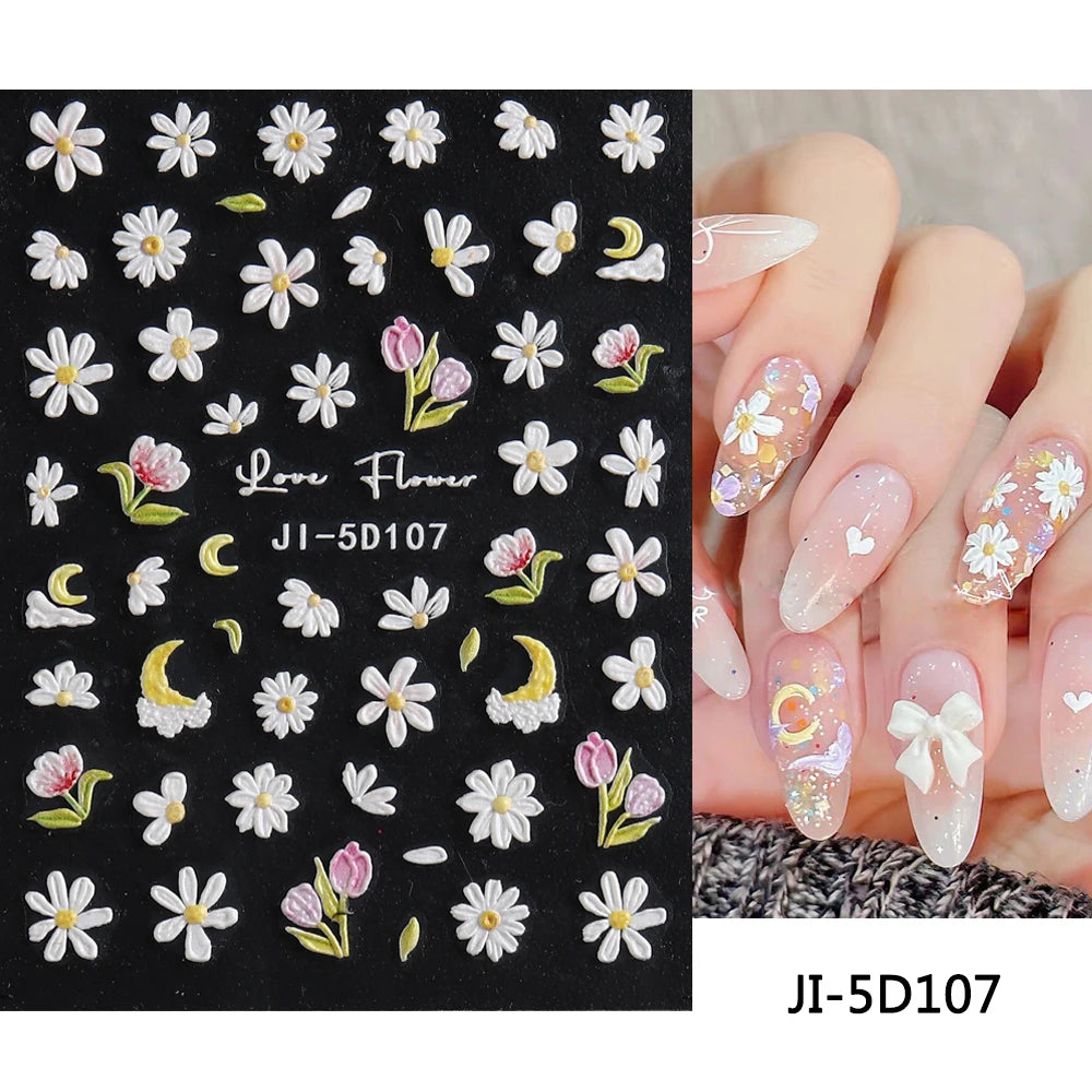 Embossed 5D Nail Art Stickers Colorful Elegant Flowers Rose Butterfly Sliders For Nails White Petals Manicure Decals GLJI-5D117
