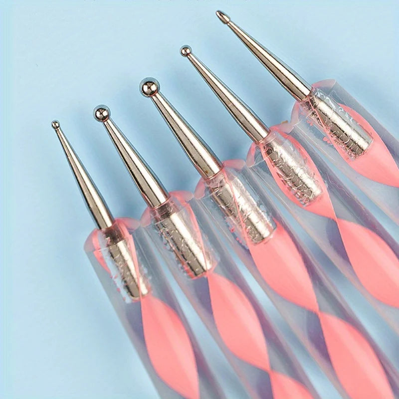 5Pcs 2 Way Nail Art Acrylic Silicone Point Flower Nail Pen Stainless Steel Dotting Tools Marbleizing Painting Pens