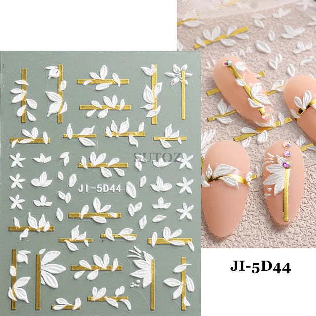 Embossed 5D Nail Art Stickers Colorful Elegant Flowers Rose Butterfly Sliders For Nails White Petals Manicure Decals GLJI-5D117