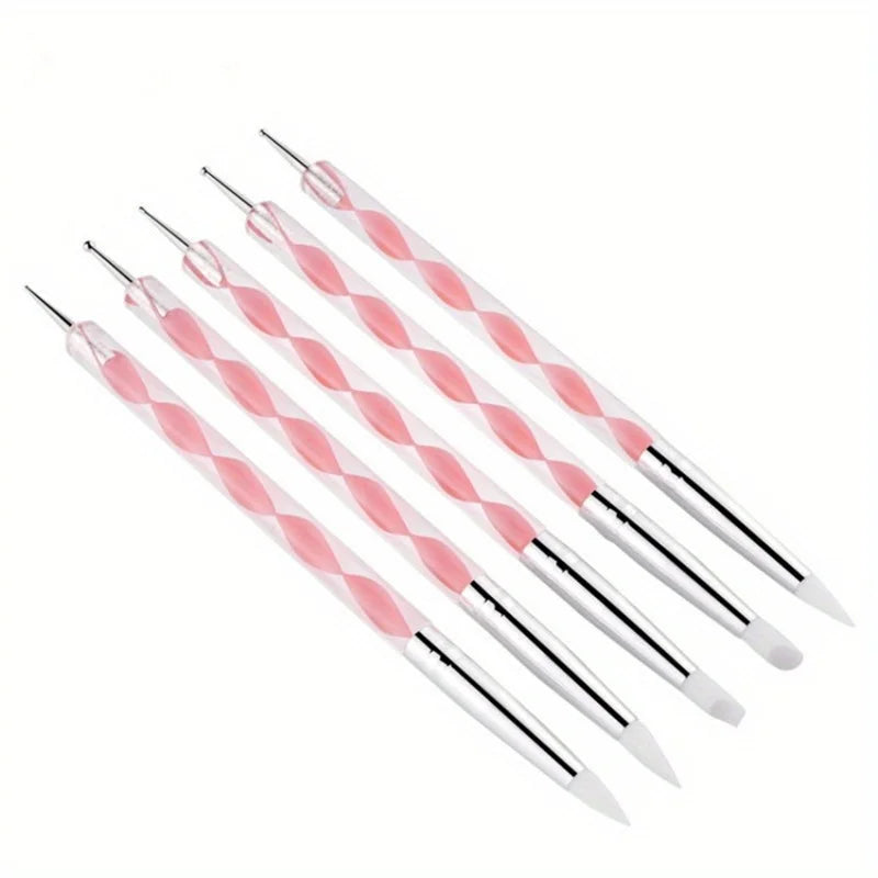 5Pcs 2 Way Nail Art Acrylic Silicone Point Flower Nail Pen Stainless Steel Dotting Tools Marbleizing Painting Pens