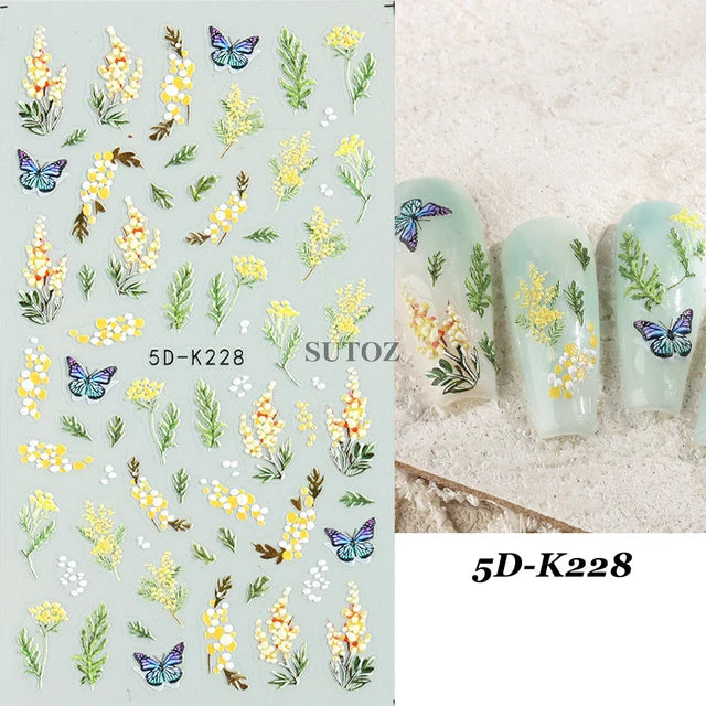 Embossed 5D Nail Art Stickers Colorful Elegant Flowers Rose Butterfly Sliders For Nails White Petals Manicure Decals GLJI-5D117