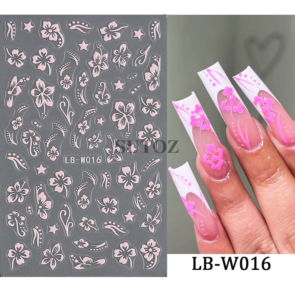 Embossed 5D Nail Art Stickers Colorful Elegant Flowers Rose Butterfly Sliders For Nails White Petals Manicure Decals GLJI-5D117