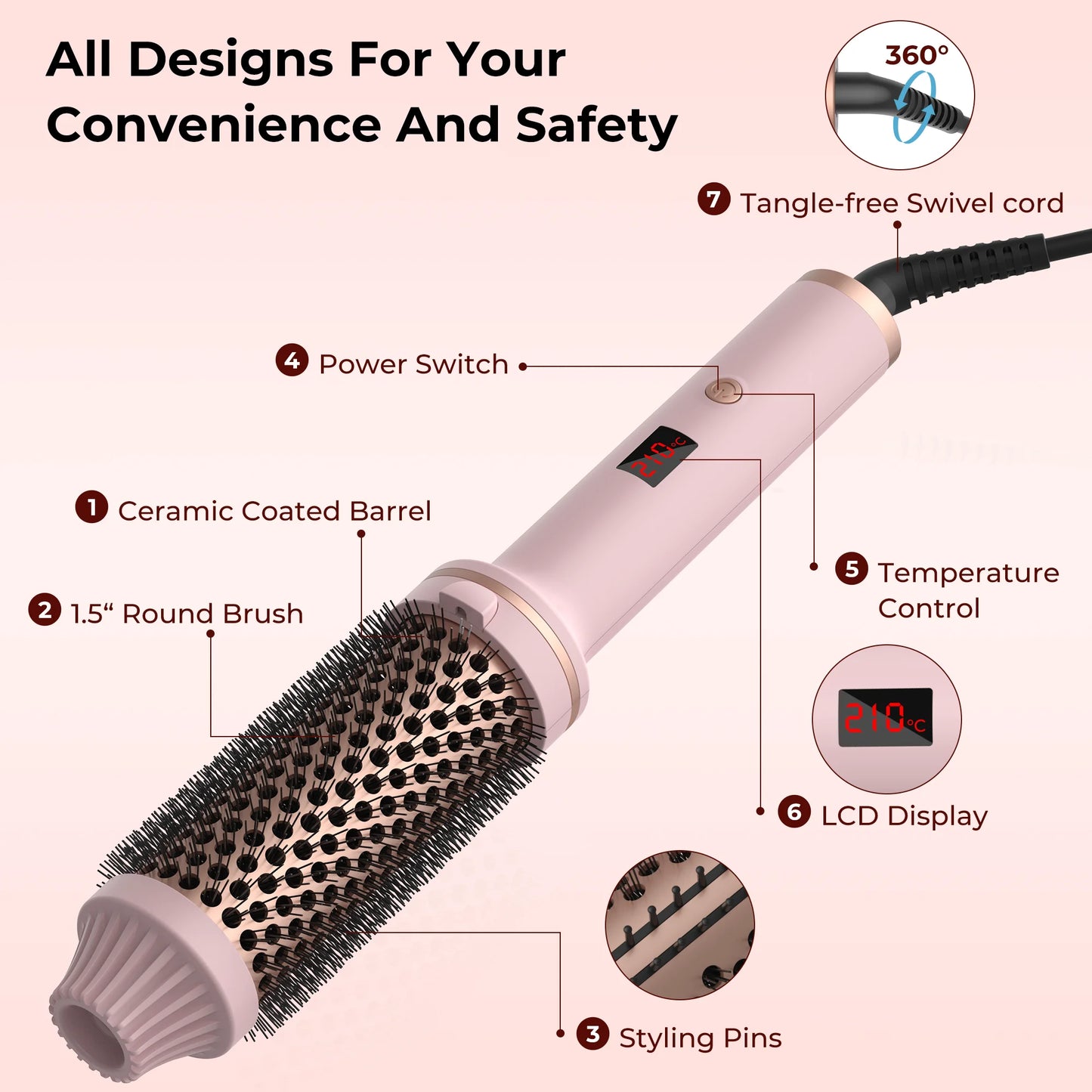 1.5 Inch Hair Curling Iron Brush Ceramic Thermal Brush Heated Round Brush Hair Electric Heating Brush
