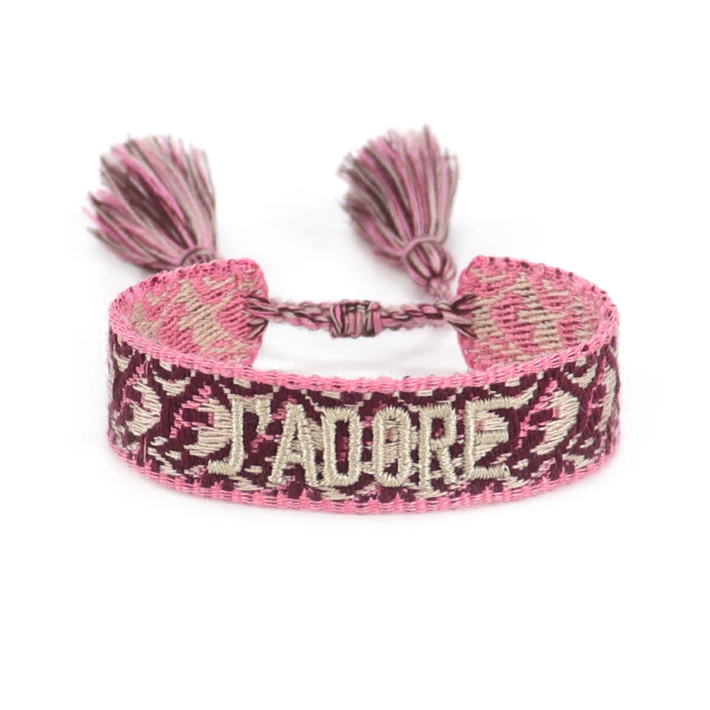 Fashionable JADORE French Charm Bracelet with Bohemian-Inspired Embroidery & Wrist Knitted Embellishments