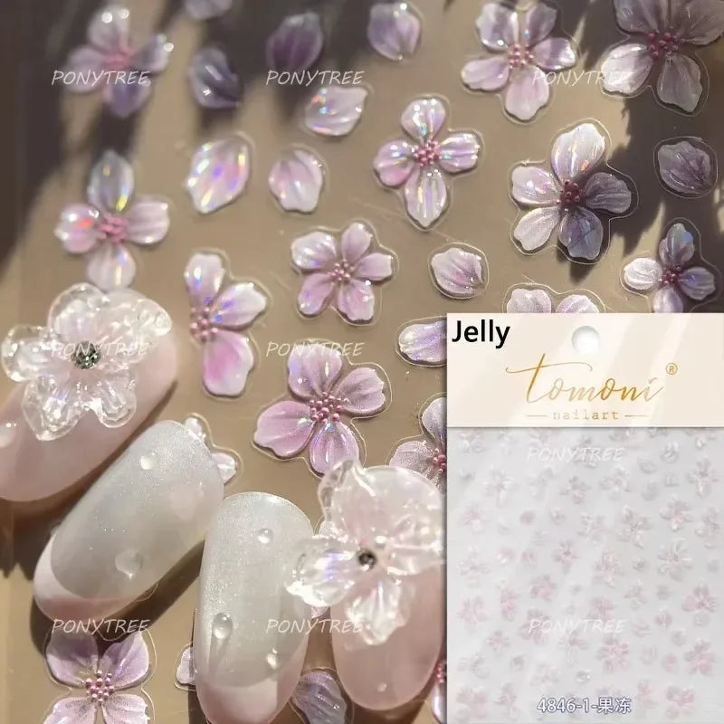 Jelly Colorful Lily Petals Flowers Gradient Halo Dyeing Delicate Shiny Dressy Rhinestone Spring Nail Art Stickers Manicure Decal