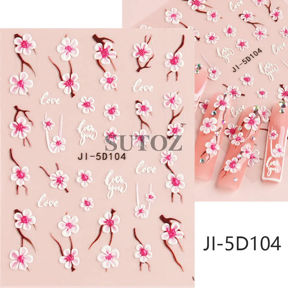 Embossed 5D Nail Art Stickers Colorful Elegant Flowers Rose Butterfly Sliders For Nails White Petals Manicure Decals GLJI-5D117