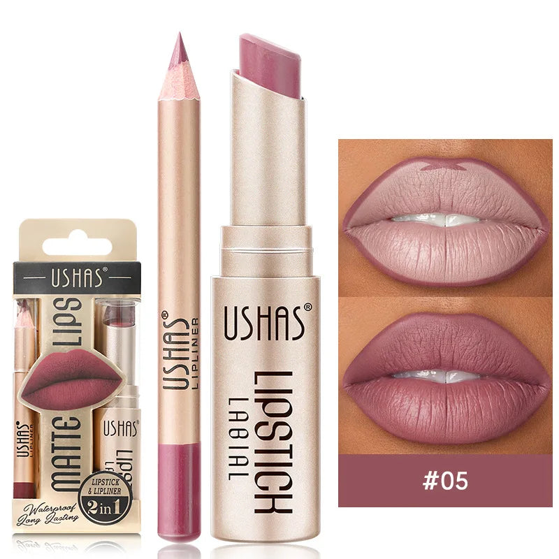 Matte Nude Lipstick&lip Liner Set Waterproof Longlasting Lip Liner High Pigmented Slim Lip Sick Lips Makeup