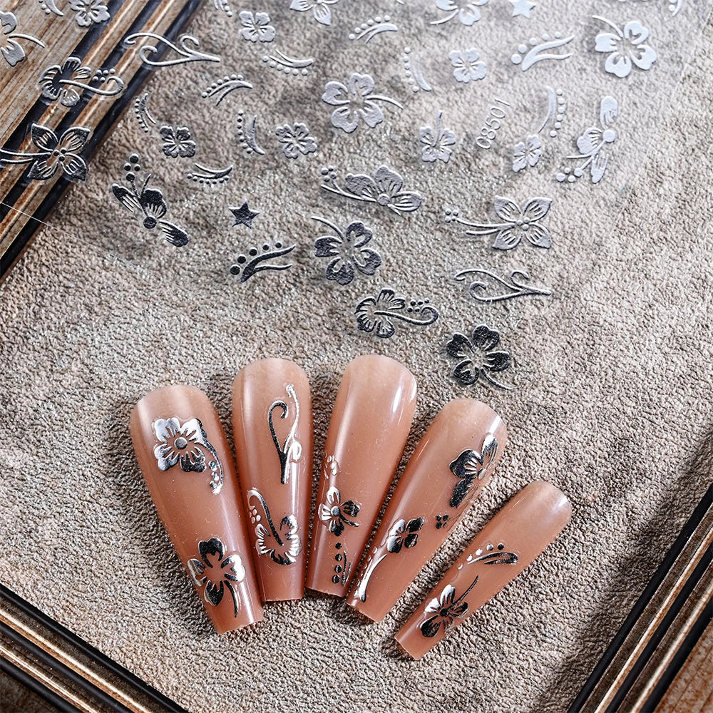 1pc 3D Hibiscus Flowers Nail Sticker White Black Flower Petals Adhesive Decals Pink Golden Floral Slider For Nail Art Decoration