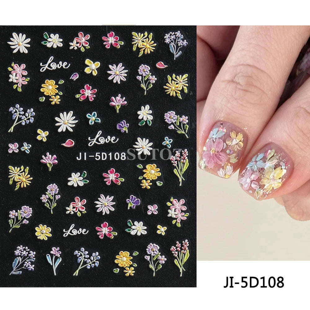 Embossed 5D Nail Art Stickers Colorful Elegant Flowers Rose Butterfly Sliders For Nails White Petals Manicure Decals GLJI-5D117