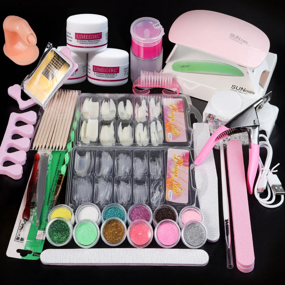 Acrylic Powder French Manicure Dust Professional White Clear Pink Crystal Polymer Builder Nails Extension Gel Kit Nail Set