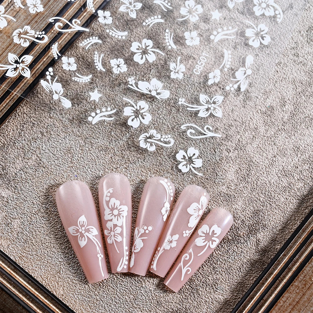 1pc 3D Hibiscus Flowers Nail Sticker White Black Flower Petals Adhesive Decals Pink Golden Floral Slider For Nail Art Decoration