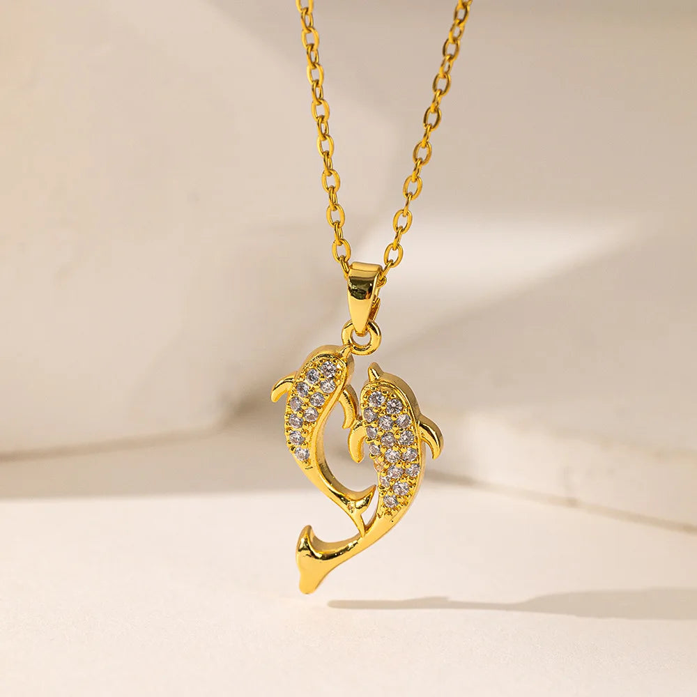 Exquisite titanium steel necklace with dolphin pendant, sparkling zircon, women's lock collar chain jewelry