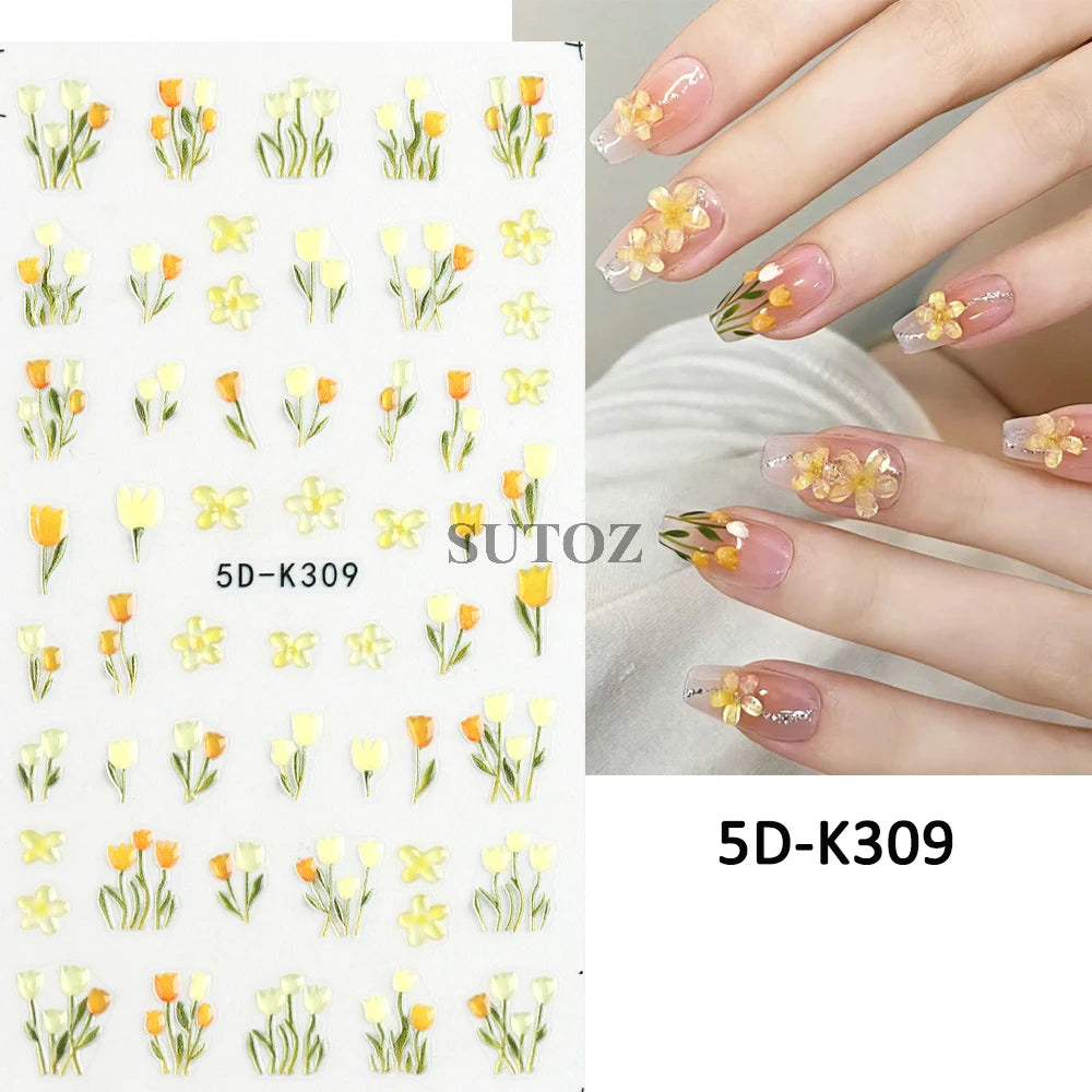 Embossed 5D Nail Art Stickers Colorful Elegant Flowers Rose Butterfly Sliders For Nails White Petals Manicure Decals GLJI-5D117