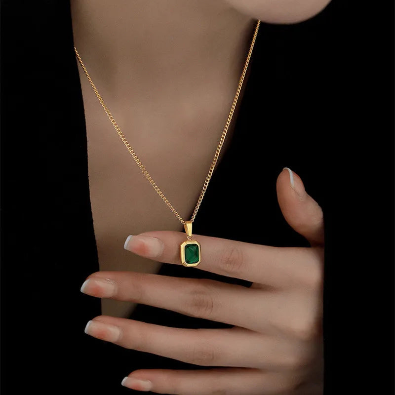 Fashion Retro Square Green Zircon Pendant Necklace For Women Charm Necklace Girls Wedding Engagement Jewelry Gift