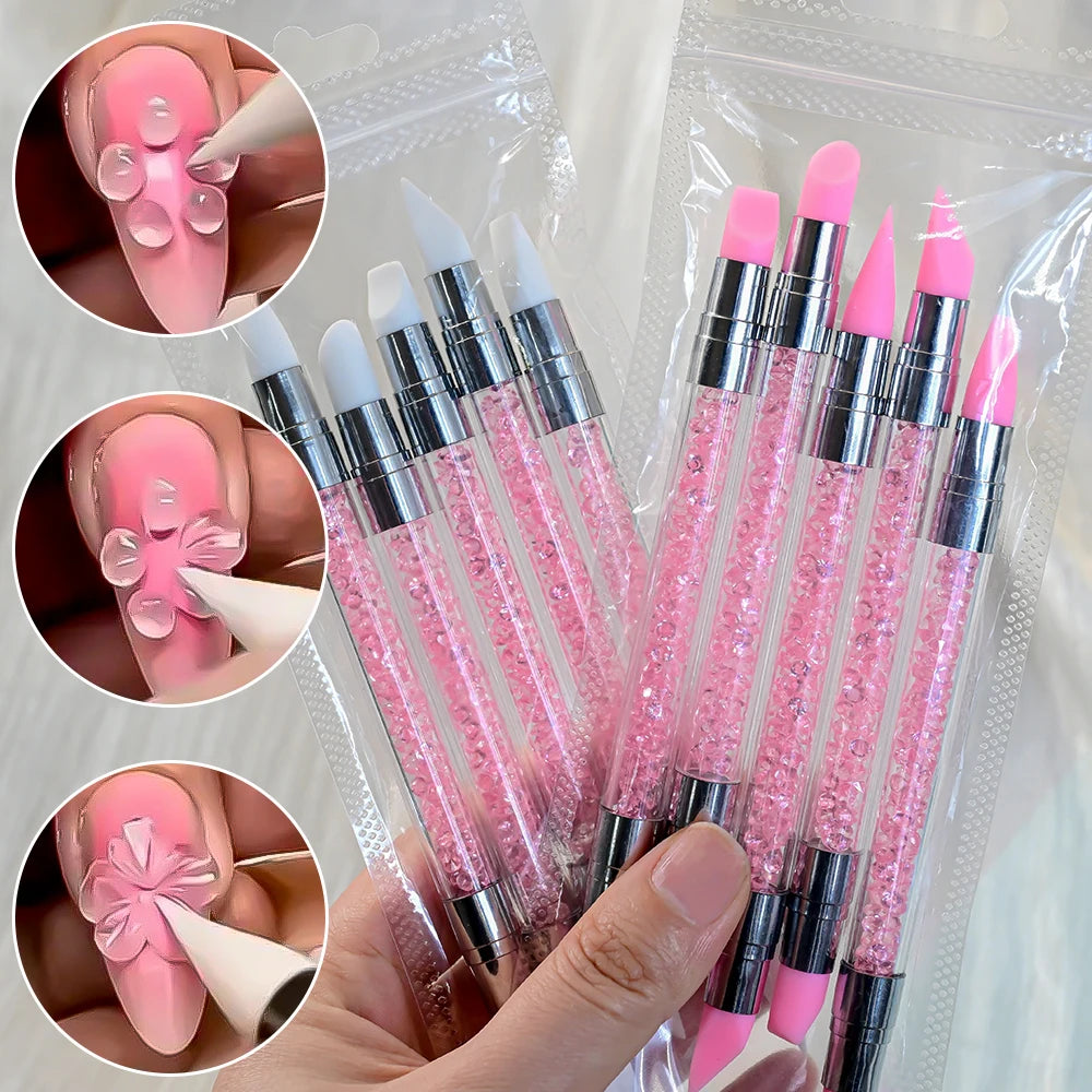 5Pcs/Set Pink Dual Ended Rhinestone Nail Art Silicone Pen Sculpture Pen/3D Flower Carving/Dotting Nail Tool 13cmManicure Brush