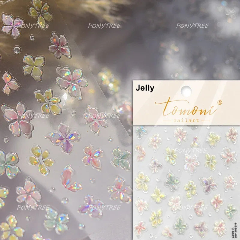 Jelly Colorful Lily Petals Flowers Gradient Halo Dyeing Delicate Shiny Dressy Rhinestone Spring Nail Art Stickers Manicure Decal