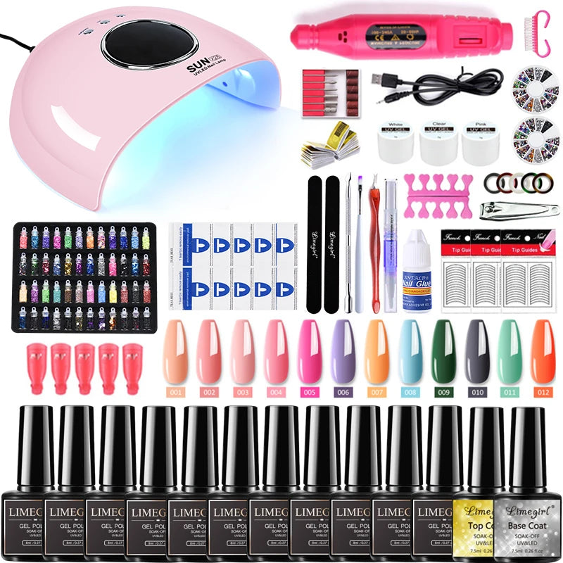 Limegirl Nail Set Nail Gel Tools Kit 54W Nail Lamp 18/12/7 Colors UV Gel Nail Polish Kit Contains Nail Drill Machine Nail Kit