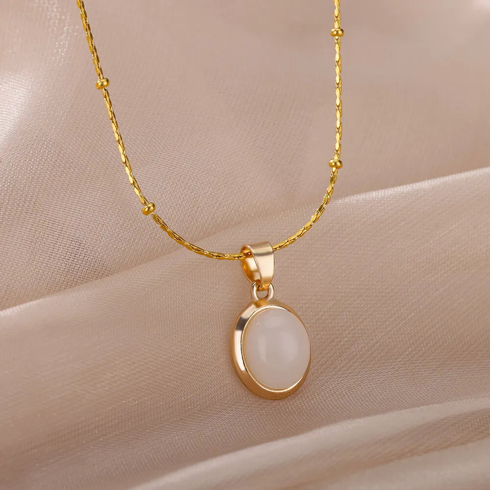 Fashion Stone Opal Oval Necklace For Women Stainless Steel Gold Color Green Stone Pendant Necklace Wedding Aesthetic Jewelry Gif
