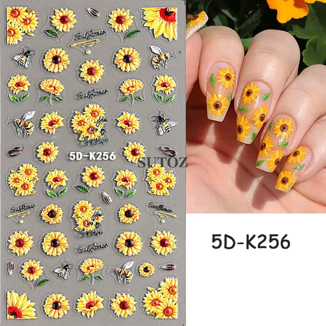 Embossed 5D Nail Art Stickers Colorful Elegant Flowers Rose Butterfly Sliders For Nails White Petals Manicure Decals GLJI-5D117