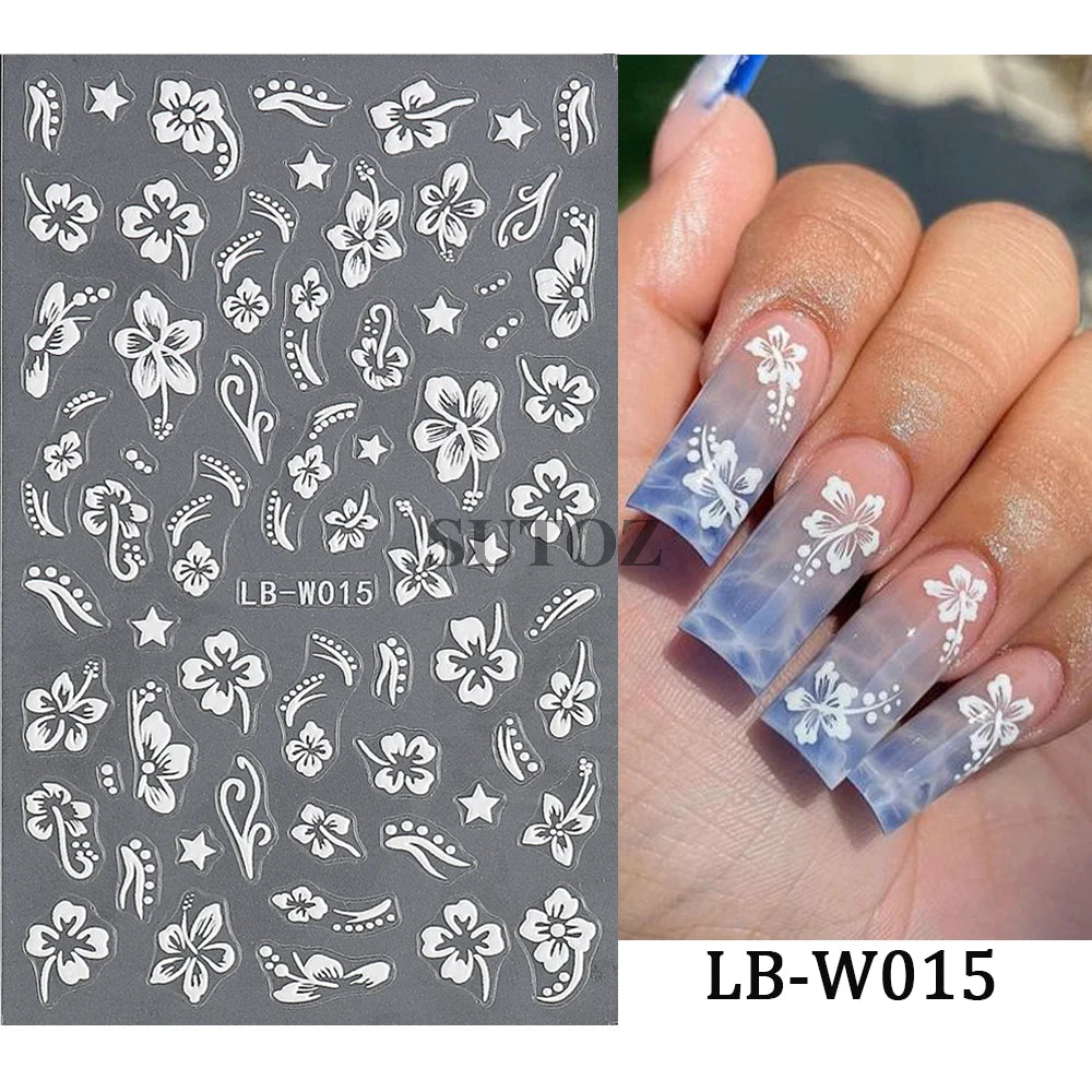 Embossed 5D Nail Art Stickers Colorful Elegant Flowers Rose Butterfly Sliders For Nails White Petals Manicure Decals GLJI-5D117