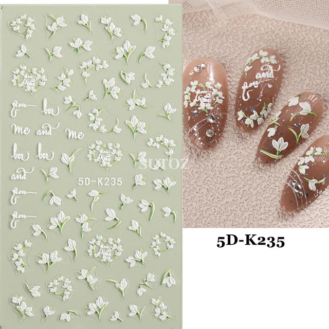 Embossed 5D Nail Art Stickers Colorful Elegant Flowers Rose Butterfly Sliders For Nails White Petals Manicure Decals GLJI-5D117