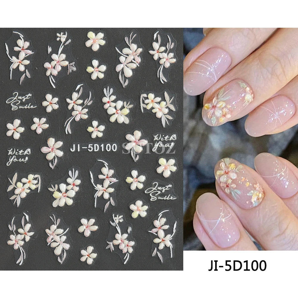 Embossed 5D Nail Art Stickers Colorful Elegant Flowers Rose Butterfly Sliders For Nails White Petals Manicure Decals GLJI-5D117