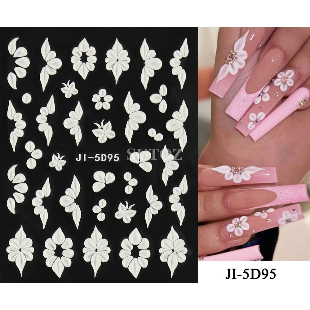 Embossed 5D Nail Art Stickers Colorful Elegant Flowers Rose Butterfly Sliders For Nails White Petals Manicure Decals GLJI-5D117