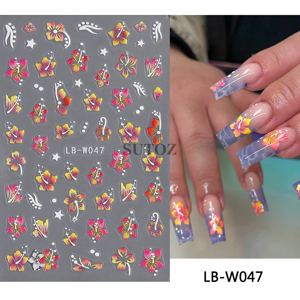 Embossed 5D Nail Art Stickers Colorful Elegant Flowers Rose Butterfly Sliders For Nails White Petals Manicure Decals GLJI-5D117