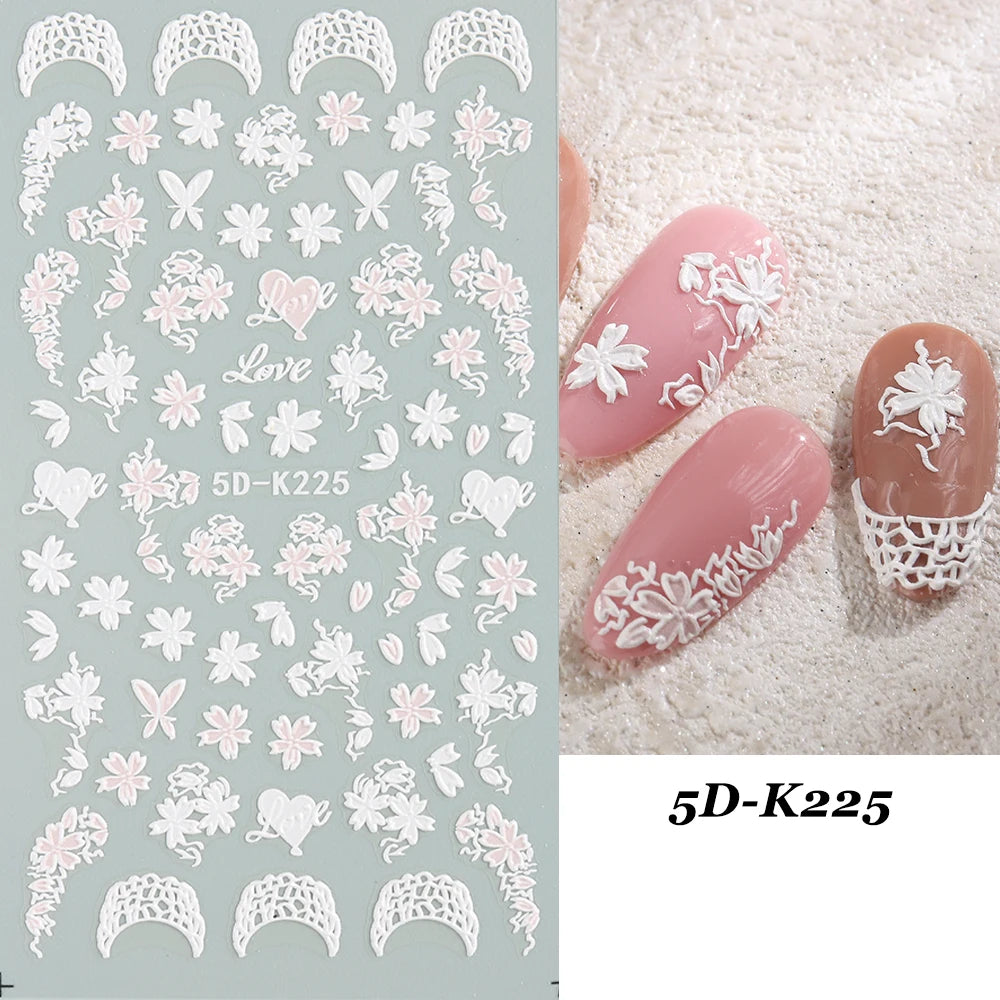 Embossed 5D Nail Art Stickers Colorful Elegant Flowers Rose Butterfly Sliders For Nails White Petals Manicure Decals GLJI-5D117