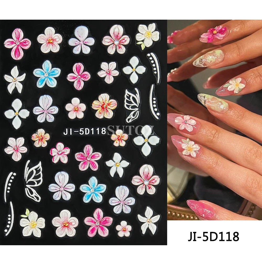 Embossed 5D Nail Art Stickers Colorful Elegant Flowers Rose Butterfly Sliders For Nails White Petals Manicure Decals GLJI-5D117